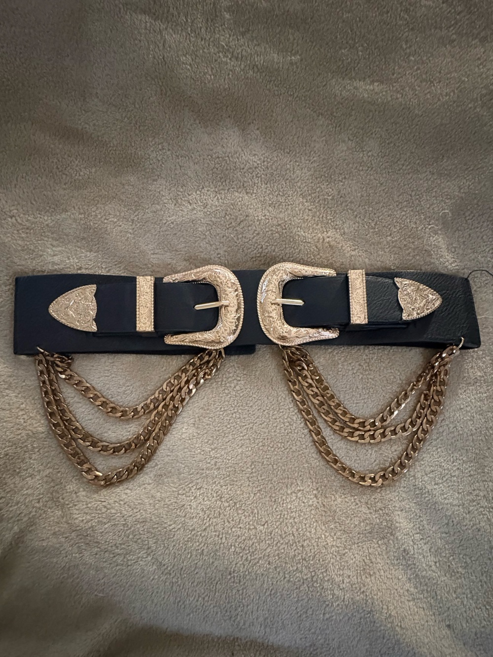 Black Leather Belt with Gold Western Buckles and Chain Accents